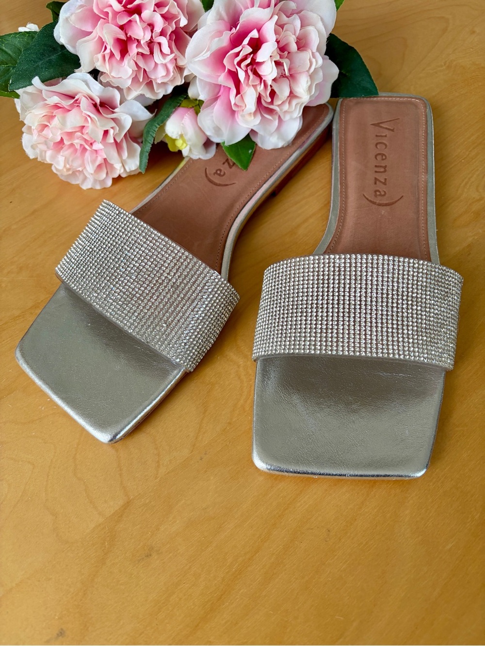 Anthropologie leather Vicenza metallic silver Rhinestone Slide Sandals flat